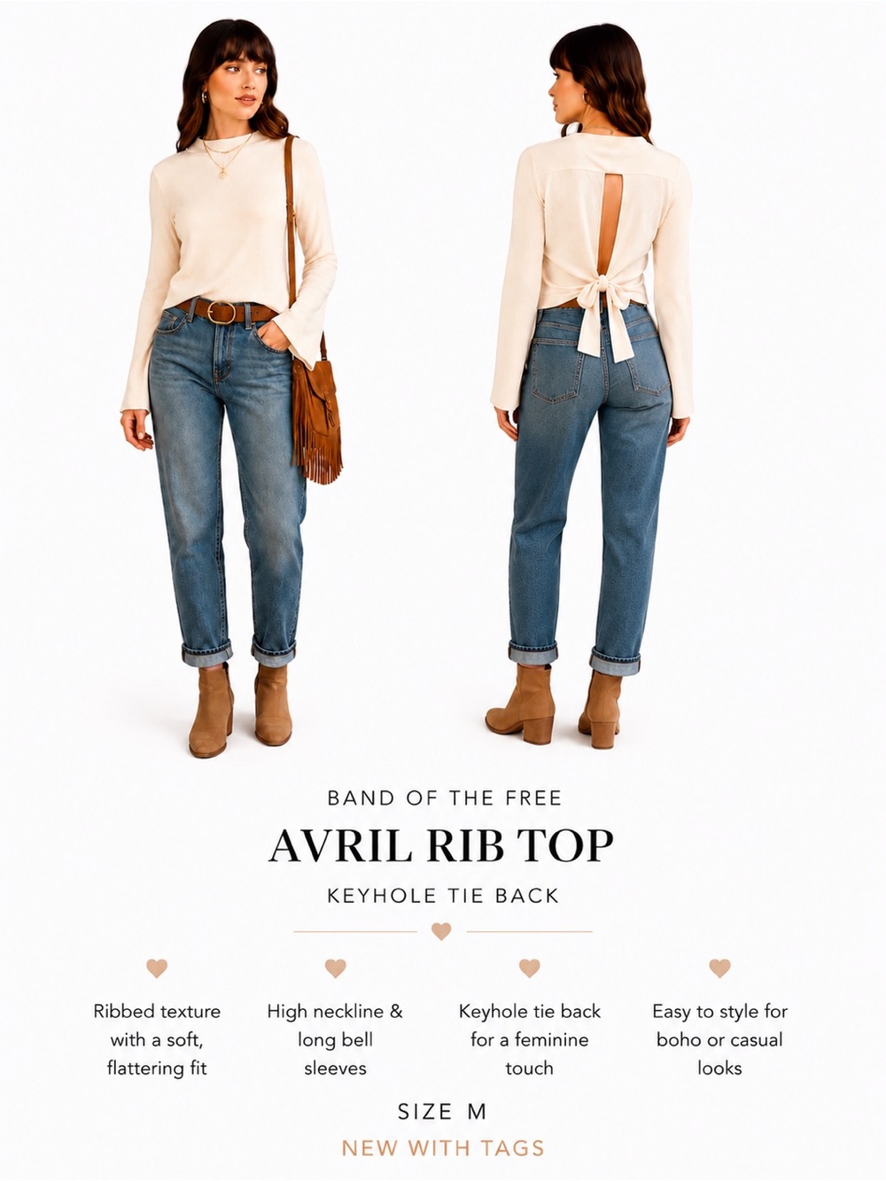 Band of the Free Avril Rib Keyhole Tie Back Top Cream Boho Bell Sleeve NWT Med